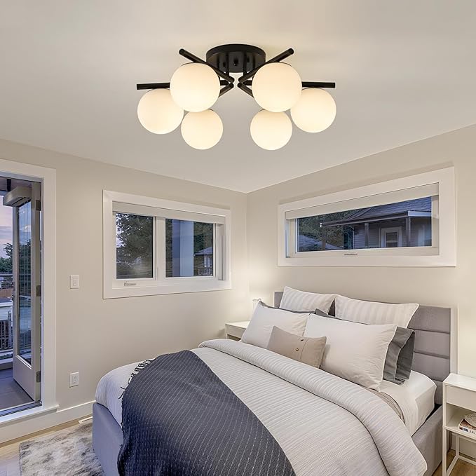 6-Light Sputnik Ceiling Light Fixture, Semi Flush Mount Ceiling Light with Milk Glass Globes, Black Mid Century Modern Chandelier for Living Room Bedroom Dining Room Hallway