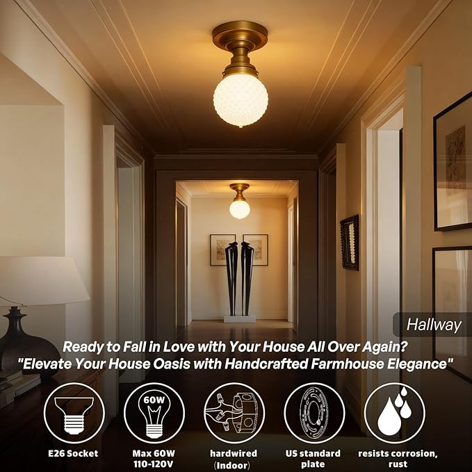 Modern Schoolhouse Semi Flush Mount Ceiling Light, Brass Gold Close to Ceiling Light Fixtures with Globe Milky White Glass Hallway Ceiling Lamp for Laundry Entryway Kitchen Bathroom E26