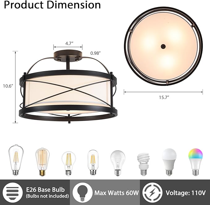 Modern Flush Mount Ceiling Light, 3-Light Black Metal White Fabric Shade Close to Ceiling Light Fixture for Kitchen Dining Room Bedroom Living Room Foyer E26 Base (Not Included Bulb)