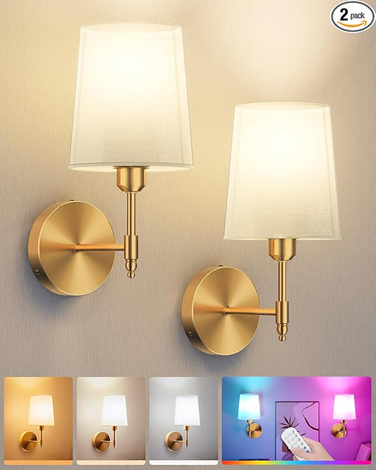 Ouyulong Battery Operated Wall Sconces Set of 2, Wireless Rechargeable Dimmable Wall Light with RGB Bulb and Remote for Bedroom, Living Room, Hallway (Gold)