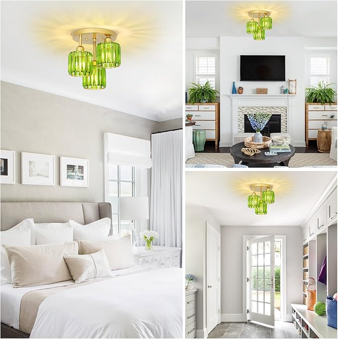 Green Crystal Close to Ceiling Light Fixtures,3-Light Modern Semi Flush Mount Ceiling Light,Kitchen Light Fixture with Crystal Shades,Hallway Lighting Fixture for Entryway Bedroom Bathroom