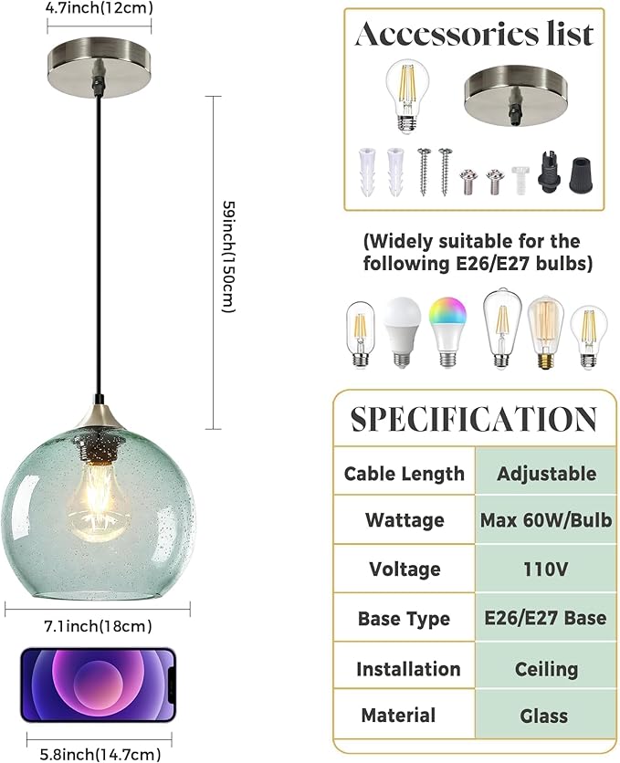 7.1in Medium Light Green Glass Pendant Light for Kitchen Island, 2-Pack with Extra LED Bulbs & 4.92ft Adjustable Cord | Modern Minimalist Lighting for Dining Room, Living Room, Entryway