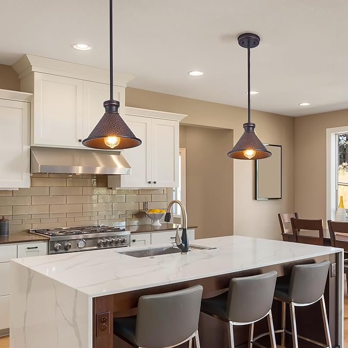 Tarentlight Pendant Light (2 Packs), Kitchen Lights Ceiling Hanging,Oil-Rubbed Bronze Finish, Farmhouse Lighting for Kitchen Island Room,Vintage Hammered Textured Aluminum Shade, Height Adjustable