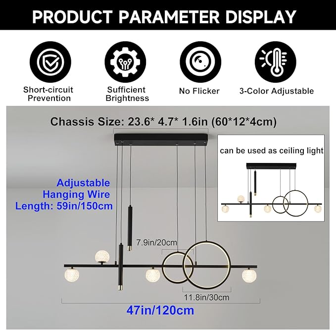 ORANOOR Modern LED Pendant Lights, Dimmable 47in Linear LED Chandelier Lighting, Upgraded Black & Gold Dining Room Hanging Light Fixtures Kitchen Island Globe Pendant Light for Dining Table (4200lm)