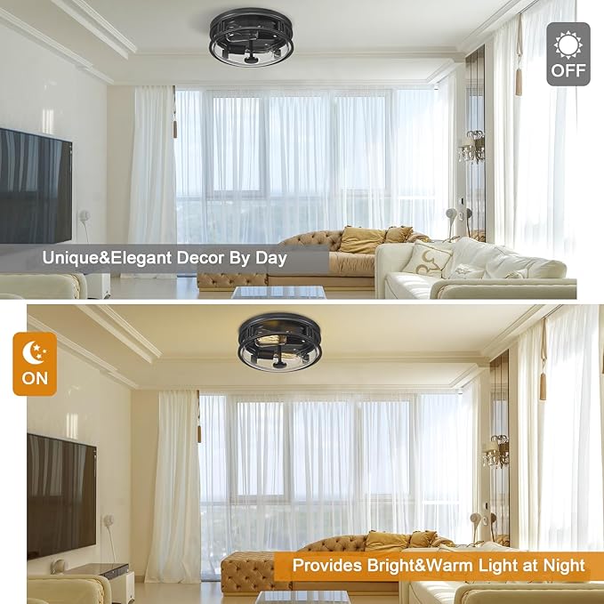 Flush Mount Ceiling Light with Clear Glass Shade, 2-Light Indoor Outdoor Farmhouse Lighting Flush Mount Lights for Kitchen Bedroom Porch Living Dining Room