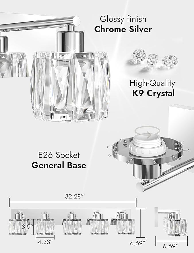 VOLISUN Crystal Vanity Lights for Bathroom, 5 Light Modern Stainless Steel Bathroom Light Fixtures Over Mirror, Chrome with Glass Lampshade - UL Certificated (Exclude Bulb)