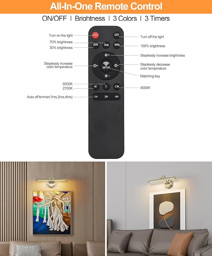 Tassuowell Picture Light for Wall, Battery Operated Art Light, Picture Frame Light with Remote & Timer, Cordless Wall Light with 3 Colors Modes for Pantings, Photo Gallery(Antique Bronze, 15.7inch)