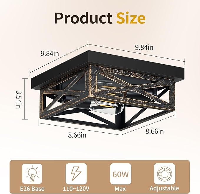 ZHU YAN Hallway Light Fixture,1 Pack Industrial Square Flush Mount Ceiling Light,Farmhouse Fixture for Kitchen,Living Room,Entryway,Bedroom E26 Base