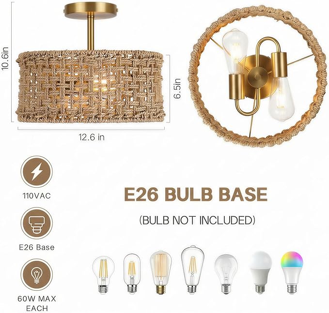 Boho Rattan Ceiling Light Fixture, 12.6" Woven Drum Flush Mount Light, Rustic Farmhouse Wicker Semi Flush Lighting for Bedroom, Kitchen, Living Room, Entryway, Hallway, Modern Coastal Lamp