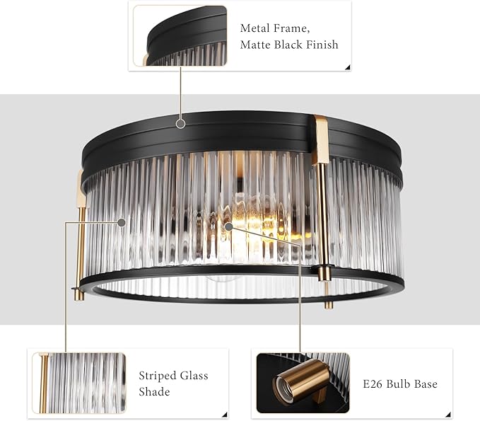 Industrial Flush Mount Ceiling Light, Rustic Ceiling Lamp Fixtures with Clear Glass Shade, Industrial Metal Cage Ceiling Light for Kitchen Bedroom Bathroom Hallway Entryway Porch