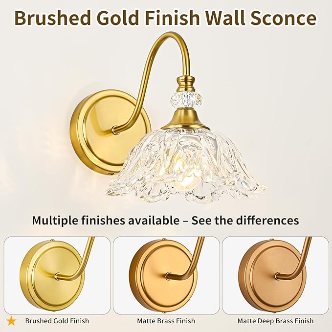1 Piece Gold Wall Sconce with Floral Clear Glass Shade, Brushed Gold Finish Wall Mount Lighting for Bathroom,Vintage Bathroom Vanity Light Fixtures