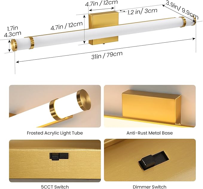 LED Modern Bathroom Light Fixtures Over Mirror - 31 Inch Gold Vanity Lights for Bathroom with Acrylic Shade 19W Dimmable 5CCT Bathroom Sconces Wall Lighting(Built-in Dimmer)