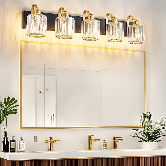 Black Gold Crystal Vanity Light Over Mirror 5 Lights Bathroom Wall Lighting Fixture with Round Shade (Exclude Bulb)