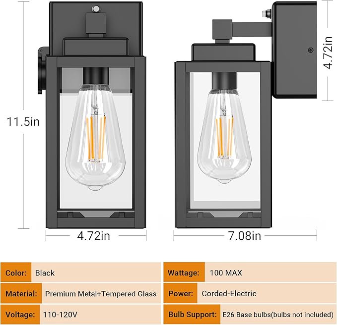 WIHTU Outdoor Wall Light Fixtures, Dusk to Dawn Outdoor Wall Sconce with Outlet, 2-Pack, Porch Sconces Mounted Lighting, Porch Lights with E26, Waterproof Wall Lamps for Patio Front Door
