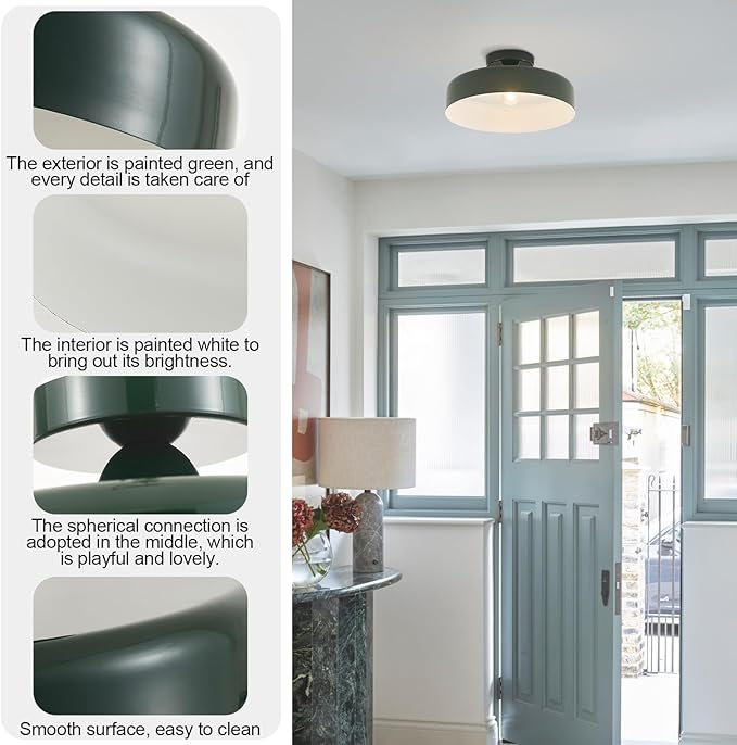 13-Inch Industrial Semi Flush Mount Ceiling Light Vintage Green Light Ceiling Mount Lamp Farmhouse Flush Mount Light Fixture for Hallway Bedroom Foyer Kitchen Entryway