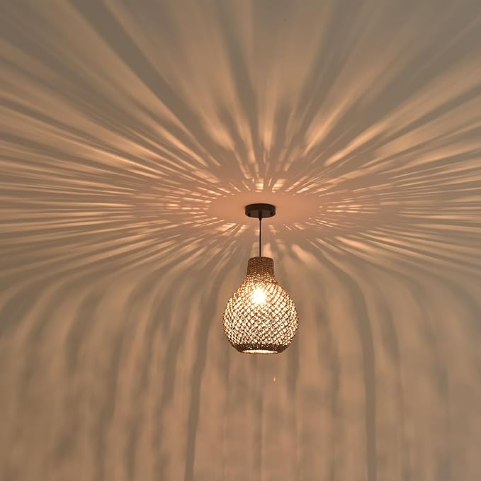 2-Pack Rattan Pendant Light,11.03" Boho Hand Woven Coastal Brown Wicker Hanging Lighting for Farmhouse Dining Room Kitchen Bedroom Hallway