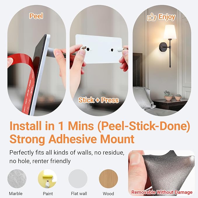 Peel and Stick Wall Sconces, Stick On Wall Sconce Set of 2, Battery Operated Wireless Adhesive Wall Lights, Corn Bulb with 10000mAh Battery, Easy Install for Bedroom Living Room Wall Decor