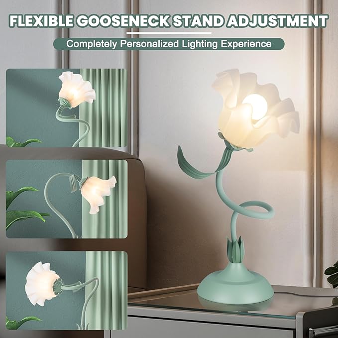 Flower Desk Lamp, LED Reading Light Flower Table Lamp, 3 Colors Flower Lamp for Girls Bedroom, Adjustable Flexible Lamp for Nightstand, Bedside Table Lamps for Bedroom, Living Room, Home Decor (Green)