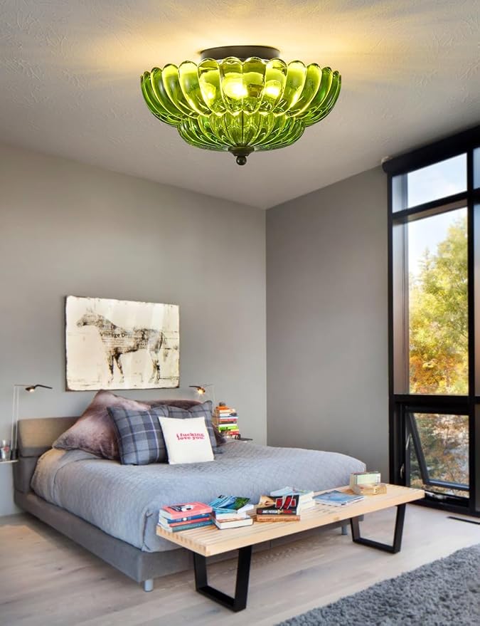 Semi Flush Mount Ceiling Light, Green Glass Ceiling Light Fixture, 3-Bulb Modern Black Close to Ceiling Light, Vintage Glass Ceiling Lights for Bedroom Kitchen Living Room, Bulb Not Included