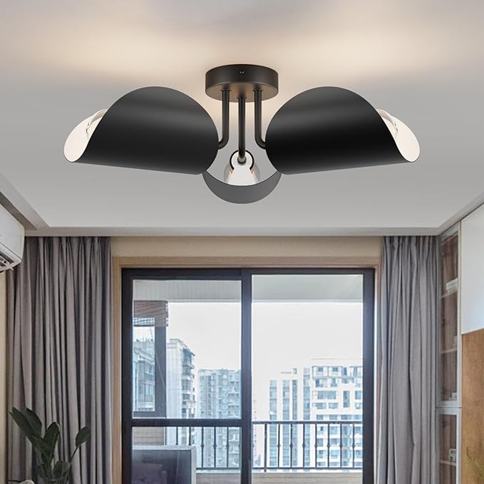 Aipsun Black Semi Flush Mount Ceiling Light, 3 Lights Modern Retro Ceiling Lighting with Black Adjustable Shades for Hallway, Dining Room and Bedroom