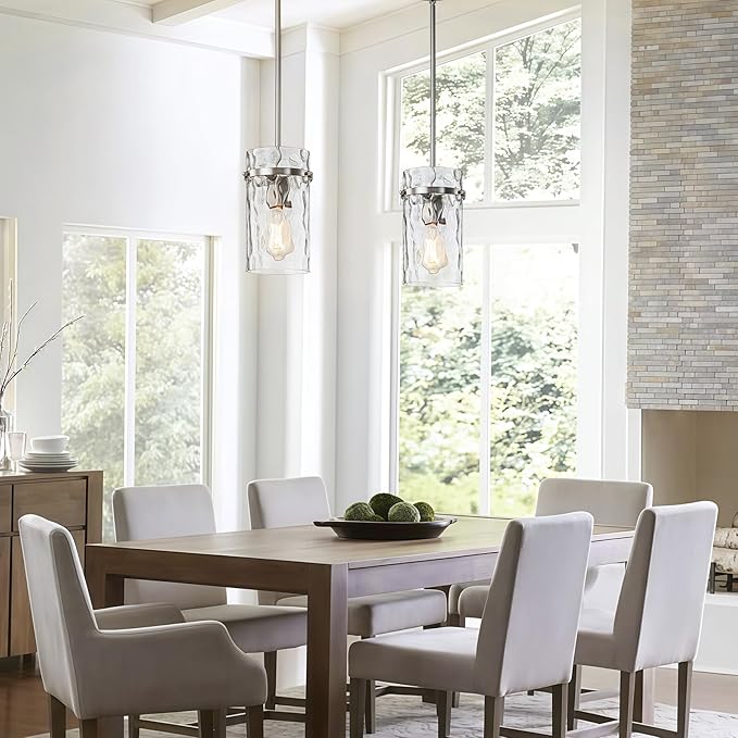5.5" Brush Nickel Hammered Glass Pendant Light Fixtures, Brushed Nickel Pendant Lights Kitchen Island, Modern Kitchen Island Light Dining Room Light Farmhouse Island Lights Sink 2 Pack