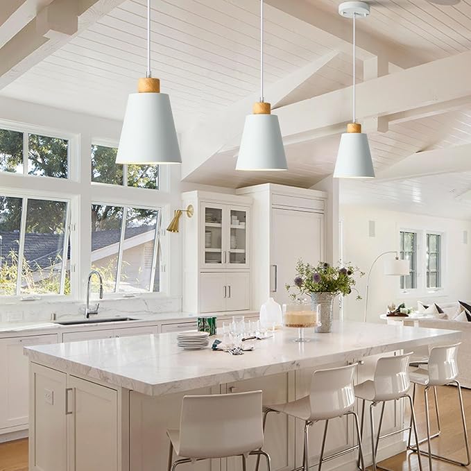 White Pendant Light Kitchen Island Wood Pendant Lighting Mini Modern Hanging Light Small Pendant Light Fixture for Dining Room,Bar,Bedroom,Adjustable Cord,5.94 inch,1 PCS