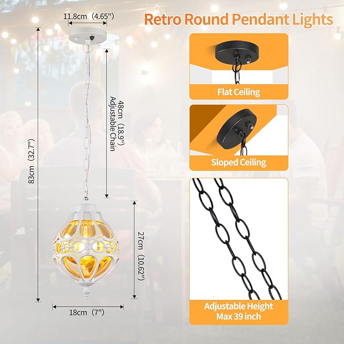 Dusk to Dawn Globe Outdoor Pendant Lights,Vintage Exterior Hanging Pendant Light Fixtures with Adjustable Chain, Aluminum White Outdoor Chandelier for Porch, Gazebo,with Sensor,General