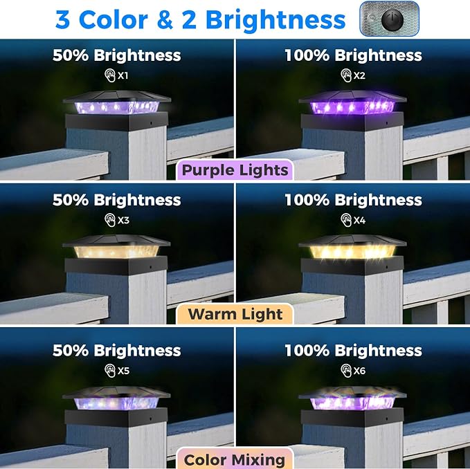 Peasur 4x4 Solar Post Lights Outdoor, 4 Packs Purple & Warm White LED Fence Caps Light Waterproof, Wood & Vinyl Post Top Lighting for Deck Mailbox Railing Porch Outside