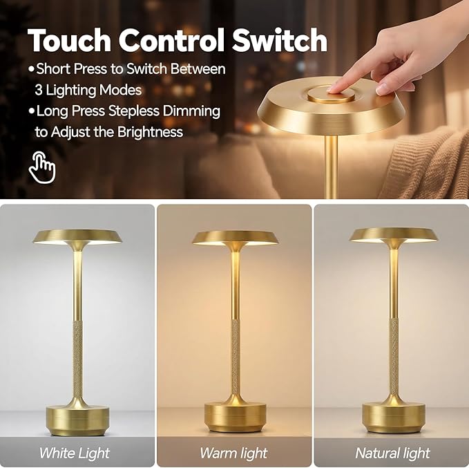 Mevnxi Cordless Table Lamp, Portable LED Desk Lamp, 5000mAh Battery Operated, 3 Color Stepless Dimming Up, for Restaurant/Bedroom/Bars/Outdoor Party/Camping/Coffee Shop Atmosphere Night Light(Gold)