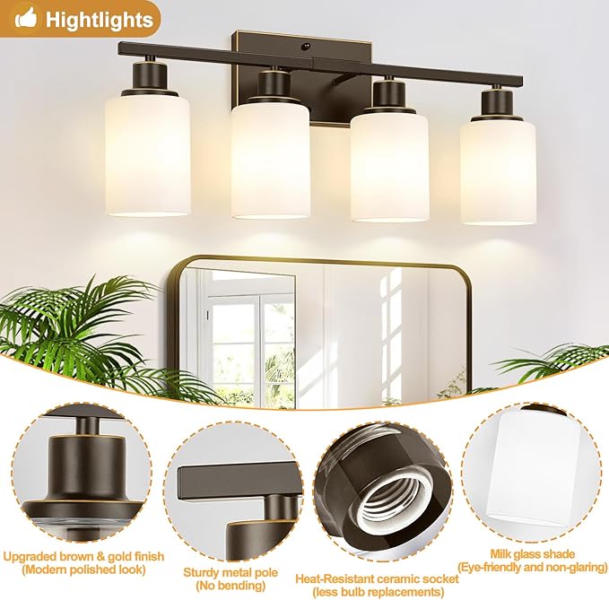 Indoi 4-Light Bathroom Light Fixtures, Brown and Gold Vanity Lights with Milk Glass Shades, Modern Bathroom Wall Lamp for Mirror Living Room Bedroom Porch