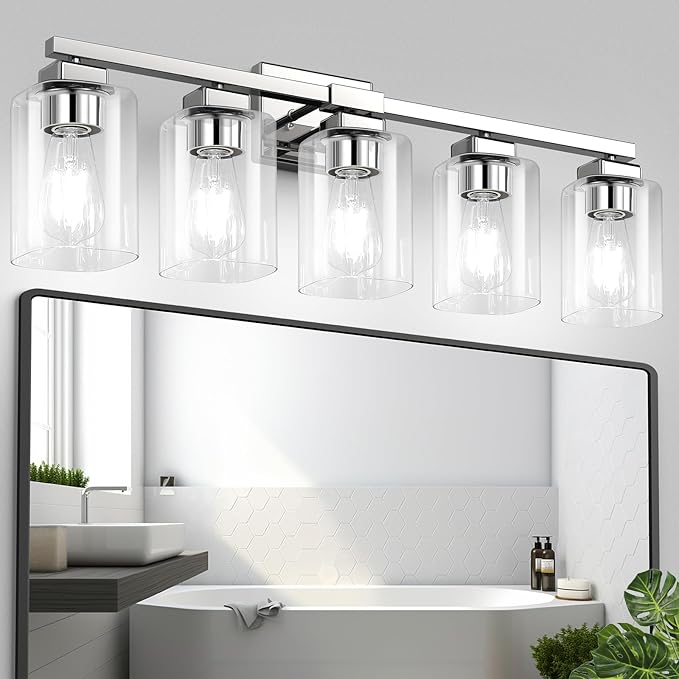 BesLowe 5-Light Bathroom Light Fixtures, Modern Chrome Bathroom Vanity Light, Bathroom Lighting Fixtures Over Mirror, Nickel Bathrom Wall Lamp, Wall Lights for Living Room Bedroom Hallway