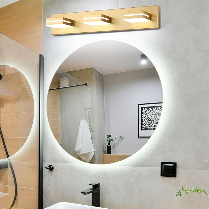 SineRise LED Modern Bathroom Vanity Light Fixtures (3-Light, 24-Inch, Dimmable), Matte Gold Modern Acrylic Bathroom Wall Lighting Fixtures Over Mirror (Cool White 6000K)