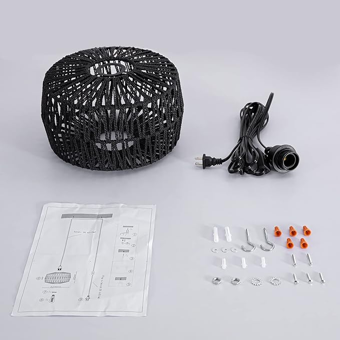 11.42’’ Black Woven Plug in Pendant Light Fixture, Rustic Round Ceiling Hanging Light with Plug in Cord & On/Off Switch for Entry Bedroom Kitchen Island Living Dining Room Foyer