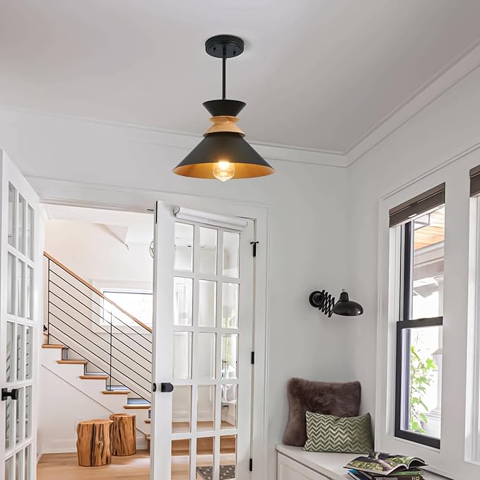 12 Inch Black Pendant Lights Kitchen Island Hanging Light Fixtures Adjustable Rod Height Pendant Lighting for Dining Room 1 Pack
