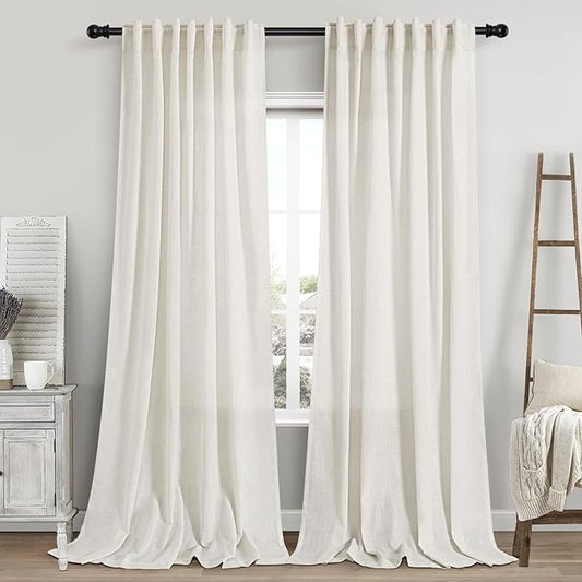 Cream Linen Curtains 119 Inches Long for Living Room Extra Long Back Tab Curtains Neutral Farmhouse Light Filtering Semi Sheer Linen Drapes Ceiling to Floor for Large Window 2 Panels Set 52x119