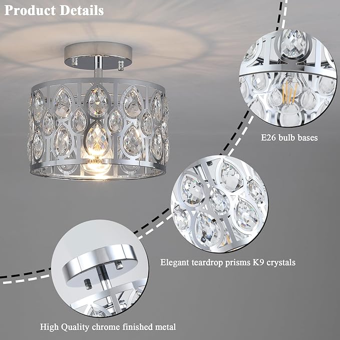 9 Inch Crystal Chrome Semi Flush Mount Ceiling Light,Modern Farmhouse Ceiling Lighting Fixture,Round Hallway Lighting Fixtures for Kitchen Entryway Bedroom Laundry,1-Light
