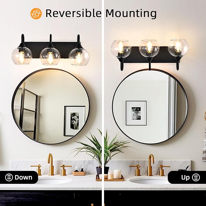 Bathroom Light Fixtures, 3-Light Matte Black Vanity Light Over Mirror, Modern Wall Sconces 21" with Clear Glass Globe Shade, Bathroom Wall Lights for Mirror Kitchen Bedroom Hallway