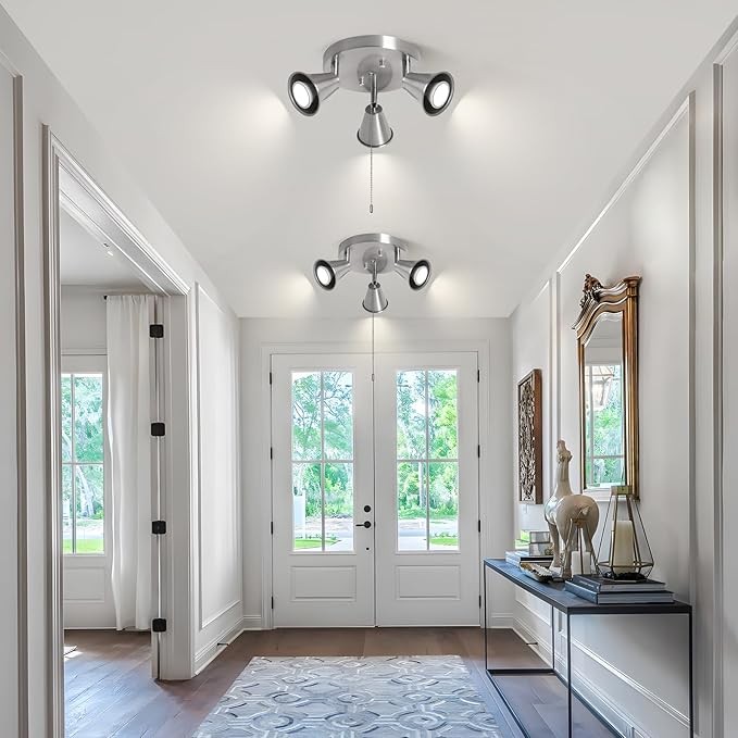 SEEBLEN 3-Light Industrial Directional Track Lighting with Pull Chain On/Off, Adjustable Round Ceiling Spotlight, Morden Nickel Flush Mount Kitchen Light for Hallway,Dining Room,Gu10 Bulbs Included