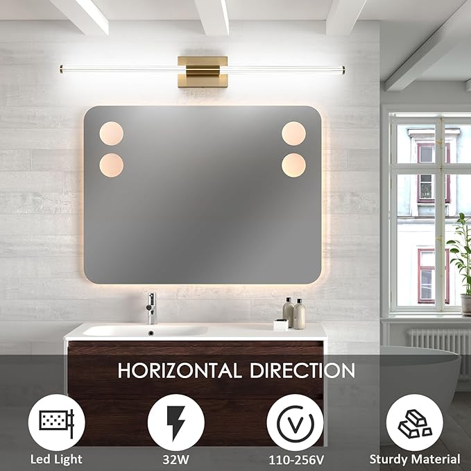 Modern LED Vanity Light, 360° Full Lighting Bathroom Light Fixture Over Mirror, 32W 5500K Cool White, Hardwired Wall Sconce, 40 Inch, Brass