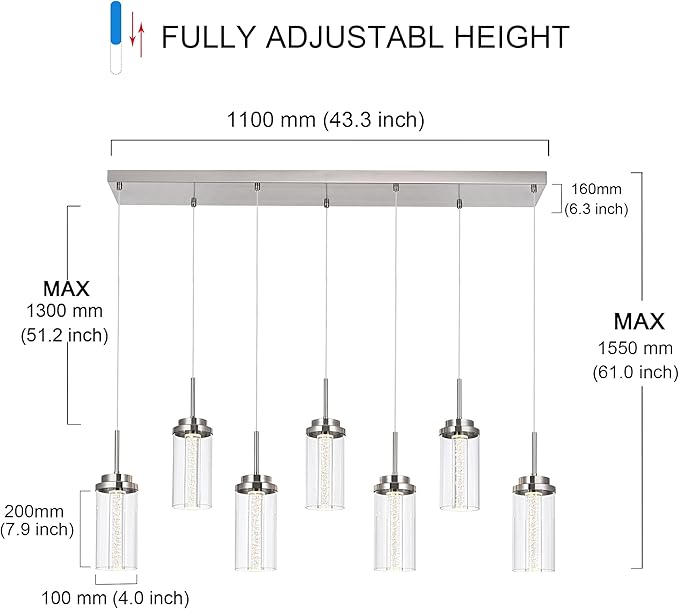 MELUCEE 43.3" Linear Chandelier for Dining Room Modern Led Pendant Light Fixtures 3000K-6000K Adjustable Color Temperature Dimmable Island Lights for Kitchen Living Room Office Bar, 35W