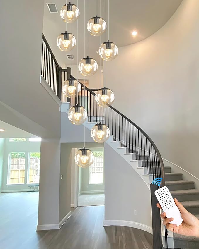 ykolupty 10-Light LED Staircase Modern Glass Globe Pendant Light Large Chandeliers for High Ceilings, Entryway Lighting Fixture Villas and Stairs