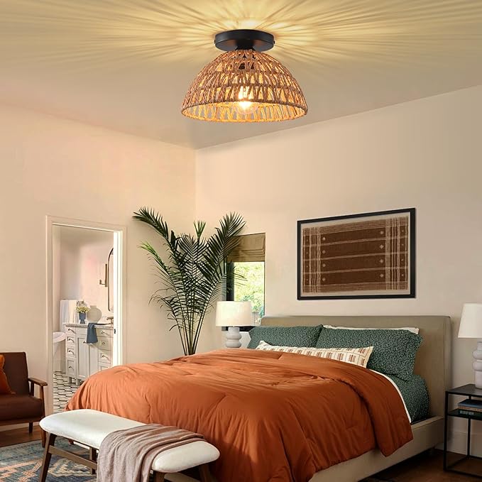 2 Pack 10.2" H Farmhouse Fixtures Ceiling Mount, Brown Rattan Boho Semi Flush Mount Ceiling Light,Hand Woven Hallway Light Fixtures for Bedroom Entryway