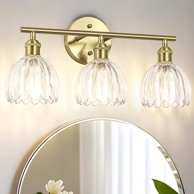 Vintage Bathroom Light Fixtures,3-Light Hardwired Vanity Lights with Clear Tulip Glass Shade,Gold Bathroom Vanity Light for Mirror Restroom,E26 Socket,18.5 in(Bulbs Not Included)