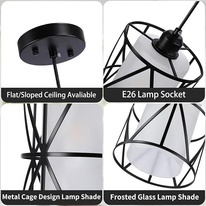 7"×10" Pendant Lights with Frosted Glass, Matte Black Pendant Lighting Kitchen Island, Cylindrical Pendant Light Fixtures, Modern Kitchen Island Lighting, Pendant Light for Foyer-Large