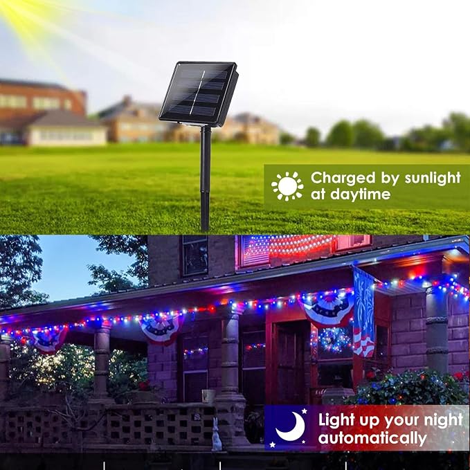 4th of July Red White and Blue Solar String Lights Outdoor, 2 Pack 80FT 200 LED Solar Fairy Lights for Independence Day Decor, Outdoor Twinkle Lights Waterproof with 8 Modes, Garden Yard