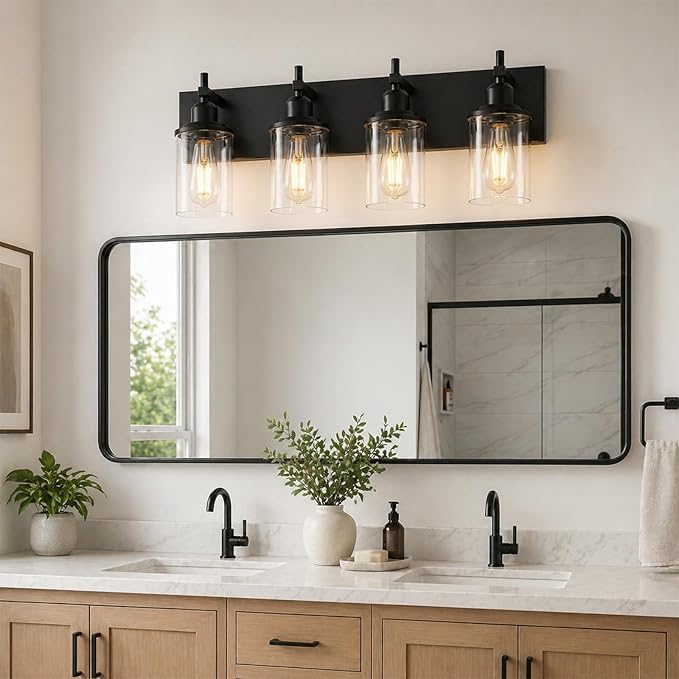 Lanhall 4-Light Black Bathroom Light Fixture Over Mirror Modern Farmhouse Bathroom Vanity Light Vintage Wall Lighting with Clear Glass Shade for Bathroom, Bedroom, Hallway, Cabinet