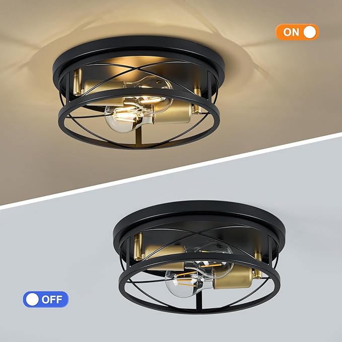 Farmhouse Lights,Black and Gold Industrial Flush Mount Ceiling Light, Ceiling Lamp Farmhouse Lighting Fixture for Hallway, Bedroom, Kitchen, Entrance, 2-Light