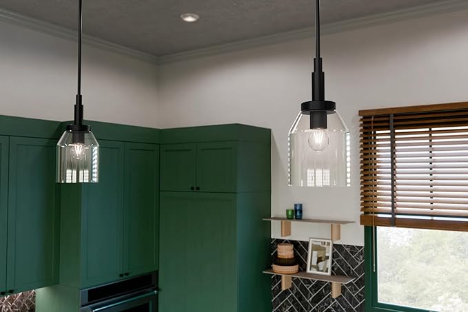 Kichler Madden 1-Light Mini Pendant with Clear Glass in Black, Sloped Ceiling Compatible, for Bathroom or Kitchen (15" x 7"), 52725BK