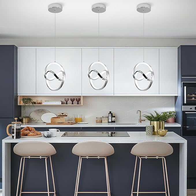6000K Modern Pendant Light Fixtures, LED Pendant Lights Kitchen Island Lighting Adjustable Height Chrome Hanging Lights for Dining Room Kitchen Bedroom, 1Pack