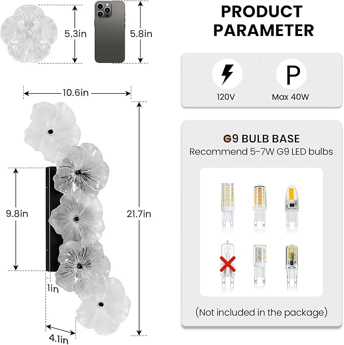Black Wall Sconce Light 4-Light Modern Sconces Wall Lighting Fixtures with Flower Glass Shade Indoor Bathroom Sconce Wall Lights for Bedroom Living Room Hallway, G9 Base